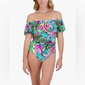 Caribbean Joe Off The Shoulder One Piece Swimsuit - Size 8 - Cape Coral Multi